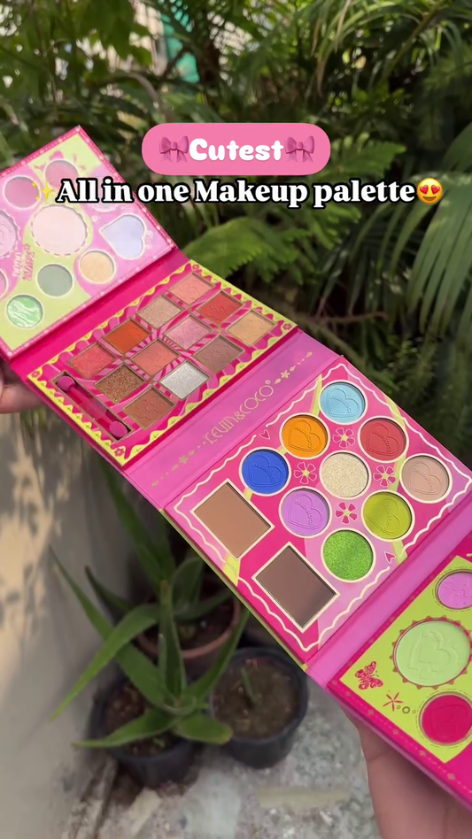 All-in-One Makeup Palette Featuring Vibrant Eyeshadows, Highlighters, Blushes, Contours, and Pressed Glitters in a Fun Multi-Layer Foldable Design – Perfect for Creative Looks