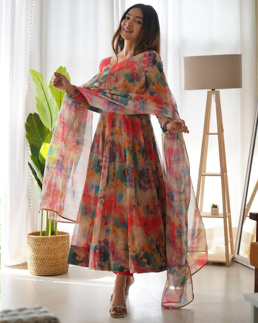 Red Multi Color Print Organza Three Piece Anarkali Suit