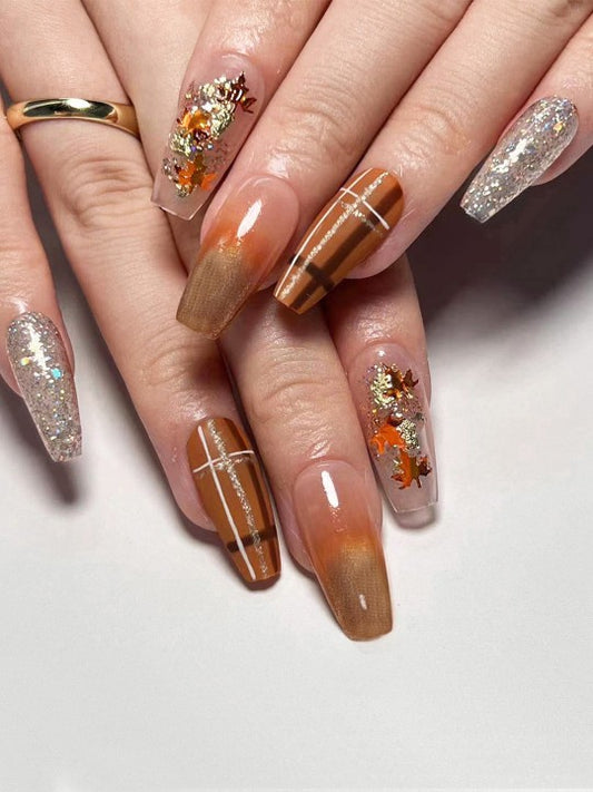 24 Pieces Glitter & Leaves Design Press On Nails - Brown Ombre