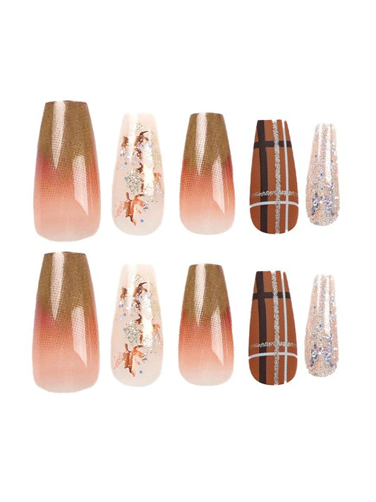 24 Pieces Glitter & Leaves Design Press On Nails - Brown Ombre