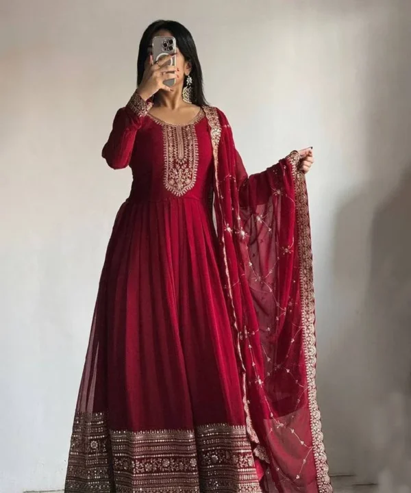 deep maroon anarkali suit with golden embroidery and net dupatta