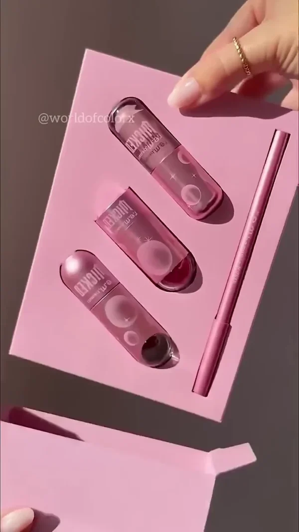 luxury pink moon themed lip gloss and eyeliner gift set – hydrating gloss capsules with matching precision liner in elegant magnetic box packaging