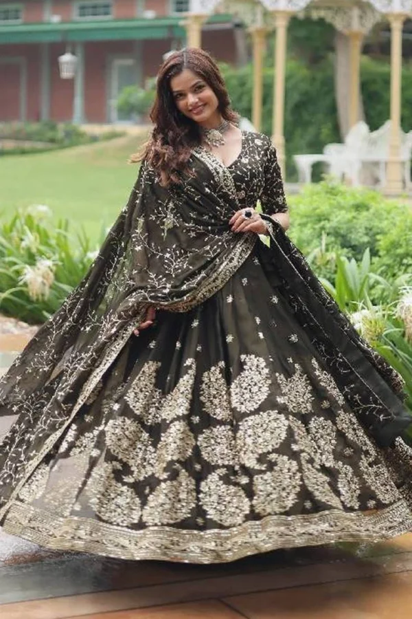 women's elegant pink floral printed lehenga choli with sequin embellished blouse, mirror work dupatta and flowing flared skirt – perfect for weddings, parties, festive & traditional occasions