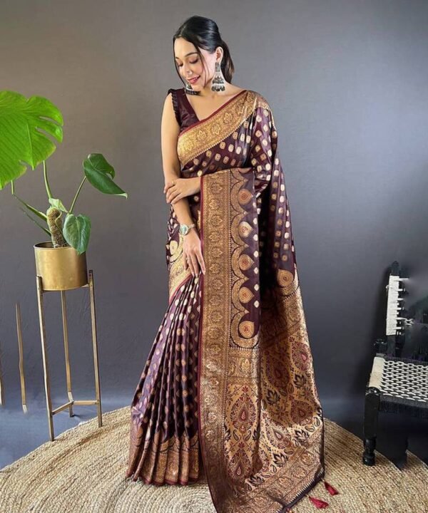 traditional banarasi silk saree in deep maroon with rich golden zari weaving, heavy pallu, and unstitched blouse piece
