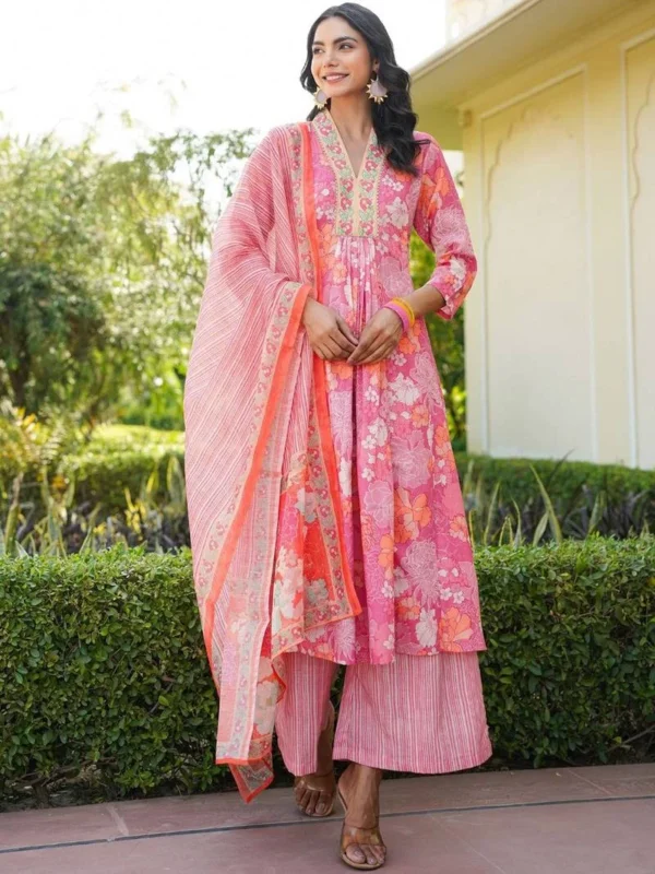 peach pink floral printed cotton kurta set with palazzo and dupatta – comfortable daily wear & festive ethnic outfit