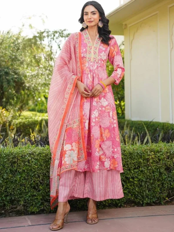 peach pink floral printed cotton kurta set with palazzo and dupatta – comfortable daily wear & festive ethnic outfit