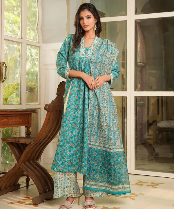peach pink floral printed cotton kurta set with palazzo and dupatta – comfortable daily wear & festive ethnic outfit