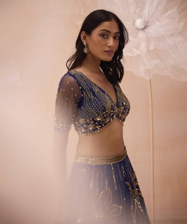 royal blue designer embroidered lehenga choli with net dupatta featuring golden zari, sequins, and bead work for wedding, reception, cocktail party, and festive celebrations