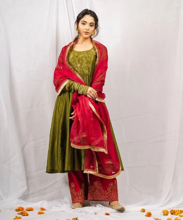 deep maroon anarkali suit with golden embroidery and net dupatta