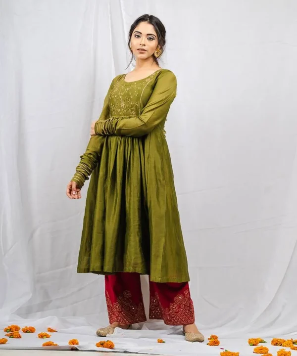 deep maroon anarkali suit with golden embroidery and net dupatta