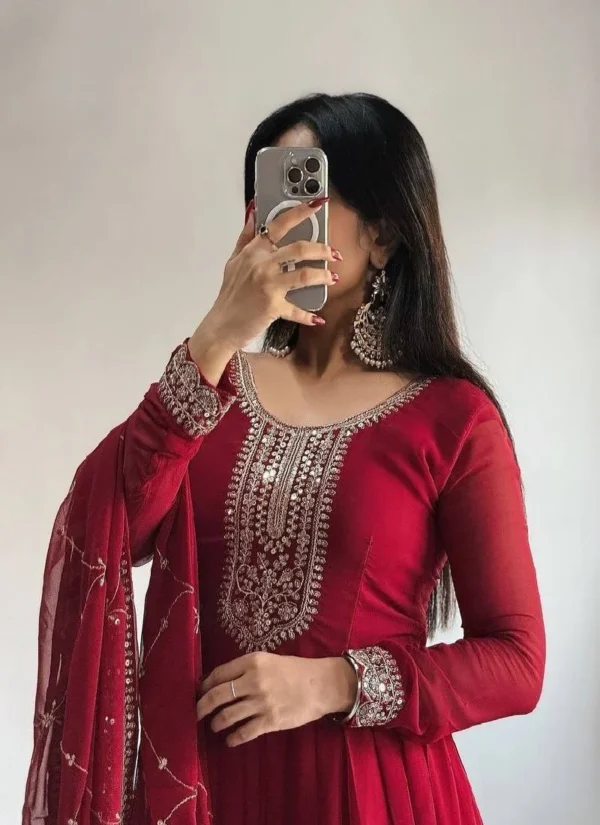 deep maroon anarkali suit with golden embroidery and net dupatta