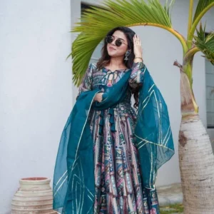 deep maroon anarkali suit with golden embroidery and net dupatta