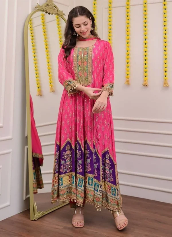deep maroon anarkali suit with golden embroidery and net dupatta