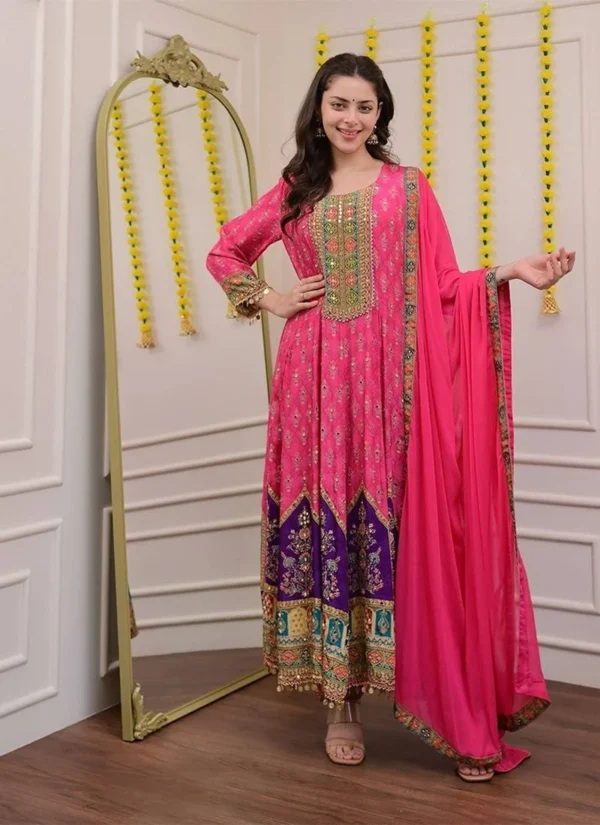 deep maroon anarkali suit with golden embroidery and net dupatta