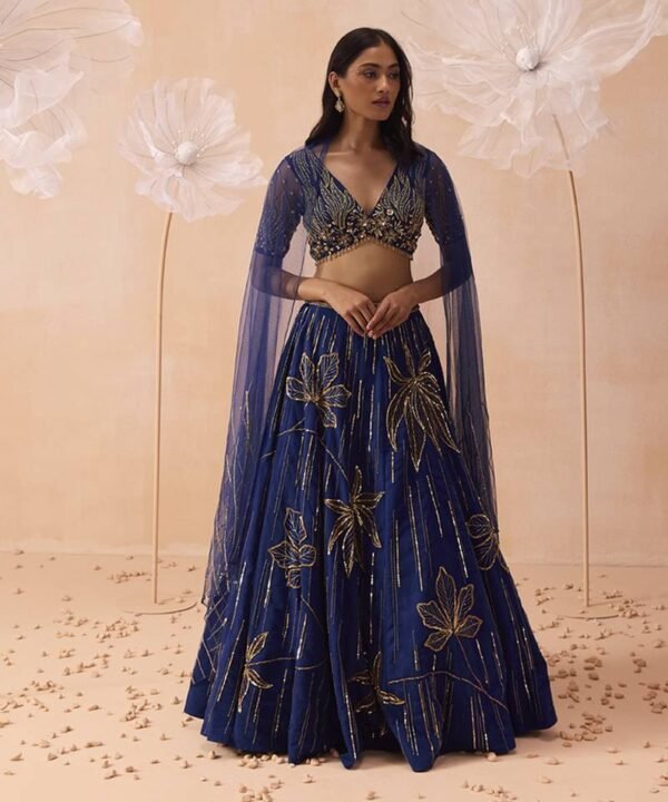 royal blue designer embroidered lehenga choli with net dupatta featuring golden zari, sequins, and bead work for wedding, reception, cocktail party, and festive celebrations