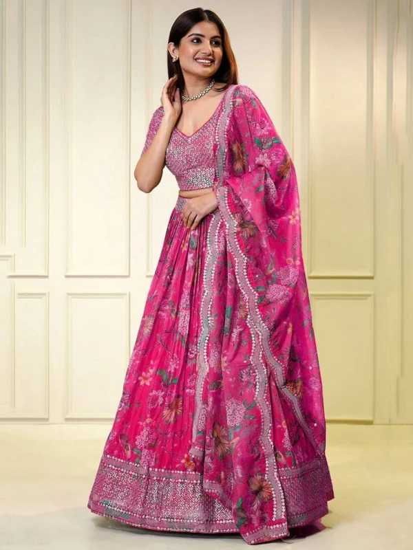 women's elegant pink floral printed lehenga choli with sequin embellished blouse, mirror work dupatta and flowing flared skirt – perfect for weddings, parties, festive & traditional occasions